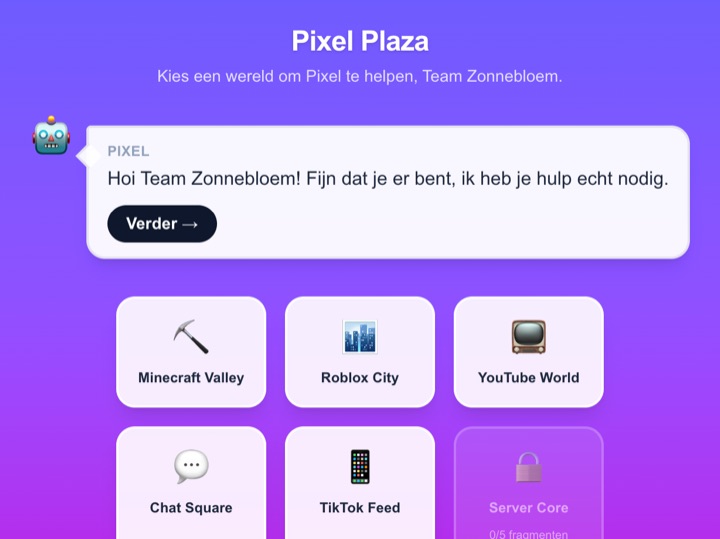 Pixel Plaza in DIGIVERSE: Pixel vraagt om hulp, met vijf werelden om uit te kiezen